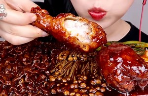 ASMR MUKBANG *SPICY CHICKEN RECIPE, BLACK BEAN NOODLES, ENOKI MUSHROOM By:Hongyu ASMR 홍유 | Boki ASMR Show