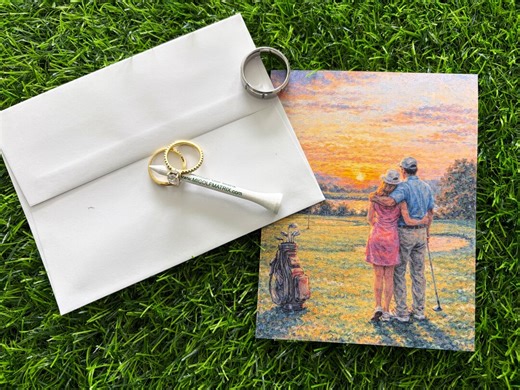 Wedding Card Printable, A2 Folded Greeting, Romantic Golf Couple Art, Newlywed Card, Instant Download