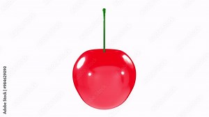 Realistic 3D rendering of a shiny red cherry with green stem Stock Video