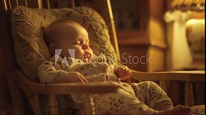 A baby peacefully sleeping in a rocking chair, being gently rocked, A baby being gently rocked to sleep in a cozy rocking chair