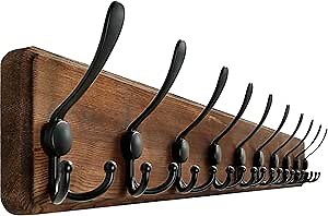 WEBI Coat Rack Wall Mount,38 9/16" Long,10 Hooks,Coat Hooks Wall Mounted,Coat Hanger Wall,Farmhouse Wood Hook Rack Rail,Triple Hooks for Hanging Coats,Clothes,Jacket,Brown