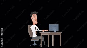 Cartoon male clerk character working with computer at workplace animation with alpha channel Stock Video