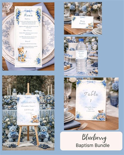 Blueberry Baptism Bundle Personalized Christening Template Berry Printable Invitation Welcome Sign Table Number Menu Place Card Water Label - Etsy