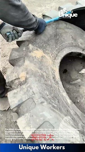 Tire Recycling: Man Cuts Apart Large Tire with a Specialized Tool