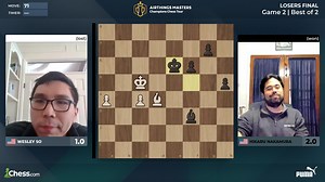 Hikaru Nakamura celebrates beating Wesley So in Armageddon to set up a rematch against Magnus Carlsen! https://chess24.com/en/watch/live-tournaments/champions-chess-tour-airthings-masters-2023-division-1-loser-bracket/4/1/3 | chess24