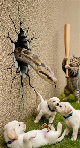 Will the Hero Cat Fight Off a Giant Python With a Baseball Bat?! #cat #python #animalfight