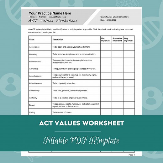 ACT Values Worksheet | Editable / Fillable PDF | for Counselors, Psychologists, Social Workers, Therapists - Etsy