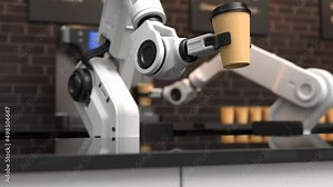 Automatic coffee machine by the robot, Robotic arm serving coffee