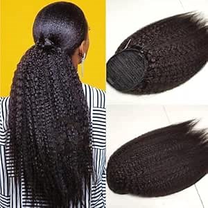 Drawstring Ponytail Kinky Straight Ponytail 100% Human Hair, Ponytail Wrap Drawstring Human Hair Extensions Natrual Black Clip in Afro Remy Hair Pieces for Women (20")