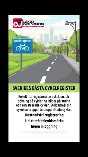 Sveriges bästa cykelregister! Kostnadsfri registrering, unikt stöldskyddsmärke till alla cyklar. Tillsammans mot cykelstölder. #cykel #cykeltjuv #cykellås #cykelstöld #CykelStaden #cykelregister #cykeldatabasen #Stöldskyddsmärke #Stockholm #malmö #Göteborg #sverige #SvenskaCykeldatabasen #cykelregister #NationelltCykelregister #elcykel #mountainbike #cykla #cykling #cykelförsäkring #cykling #polisen #älskadestad