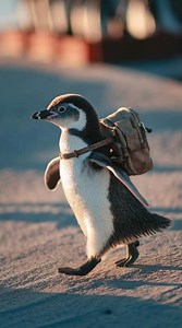 baby penguin with a backpack running away