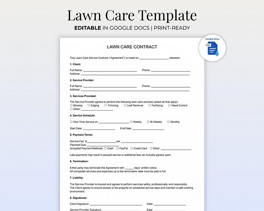 Editable Lawn Care Agreement (google Docs) | Landscaping & Mowing Service Contract Template | One Page Lawn Maintenance Form - Etsy
