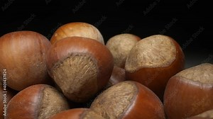 extremely close-up, detailed. background texture food. many hazelnuts on a dark background. changing lighting from dark to light