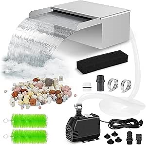 Pond Waterfall Spillway with Filter and Pump Kit - 304 Stainless Steel Ponds Waterfall Box,800 GPH Pump,9.8FT Oxford Hose,Garden Water Features