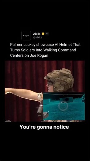 AI / Technology on Instagram: "Palmer Luckey showcased an AI-powered helmet on Joe Rogan that turns soldiers into walking command centers. Real-time data, targeting, communication, and battlefield awareness, all fused into a single visor. It’s not just equipment; it’s cognitive augmentation. War is no longer about strength alone, but information dominance. As AI merges with combat gear, the line between human decision-making and machine guidance grows thinner, redefining how conflicts are fought