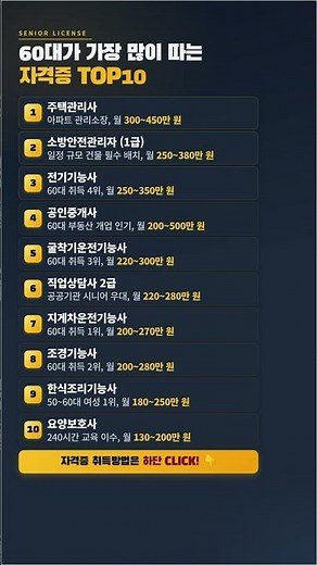 60대가 가장 많이 따는 자격증 TOP10 | 월 450만원 받는 정년 없는 직업 (2026 최신, 한국산업인력공단 기준)
