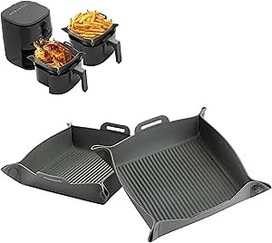 Navaris Silicone Air Fryer Liners (Set of 2) - Reusable Liner with Foldable Design 25cm x 28.2cm (9.8" x 11.1") - Basket Tray Mat - Dishwasher Safe - Grey