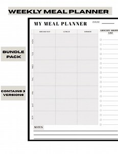 Simple Weekly Meal Planner With Grocery List Printable, 7 Day Full Menu , Breakfast Lunch and Dinner, Diet, Health, Easy - Etsy Canada
