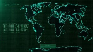 Neural Network Monitoring System Upload Visualized on World Map in Green Color on a Computer. Various Clusters of Connections Loading, Interchanging Data. Mock-up Template for Computer Displays.