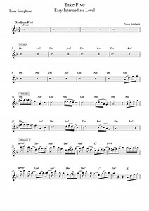 Take Five (Easy/Intermediate Level, tenor Sax) (Dave Brubeck) - Saxophone Sheet Music