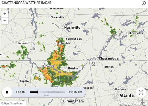 AccuWeather Radar Showing Rain to the West of Chattanooga at 12:12pm ET. #Chattanooga #Tennessee #TDOT #Traffic #Weather https://www.accuweather.com/en/us/chattanooga/37402/weather-radar/331086 | On Time Traffic
