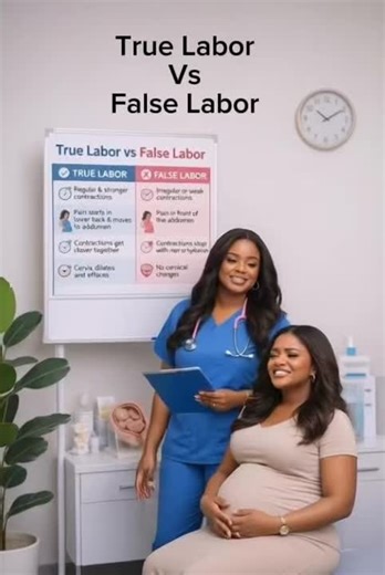 Difference Between False Labor and True Labor True Labor: •Contractions are regular and rhythmic •Intervals gradually become shorter •Contractions become stronger over time •Progressive cervical dilatation and effacement •Pain continues despite rest •Baby gradually descends into the pelvis. •Presence of bloody show( a brown or pinkish discharge) •Pain usually starts in the lower back. •Then it moves to the front of the abdomen. •It becomes stronger and more regular with time False Labor: •Contra