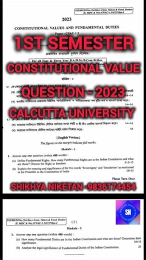 1st sem Constitutional Value Questions paper 2023 CU|cvac Constitutional Value 2023 Questions paper