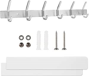 Wall Hooks, Hangers Vertical Metal Rack Wall Mount for Coat Towel Hat Jacket Backpack Bag (18.11" (6 Hooks) Silver)