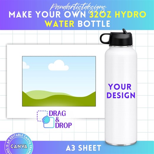 32oz Hydro Water Bottle Template, Custom Tumbler Wrap Template, Umbler Sublimation Template, DIY Printable Canva Frame, Drag and Drop - Etsy