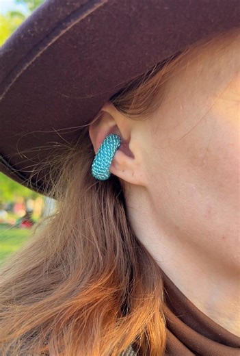 Chunky Sky Blue Glass Beaded Ear Cuff – Adjustable Non-pierced Earring, Lightweight Textured Design - Etsy