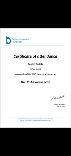 de la FETAL MEDICINE FOUNDATION 🔵⚪️ para la ACREDITACIÓN de la ecografia de la semana 11 a 14 del embarazo 🤰🏻👉🥼 ✅️ El Dr. Daniel Padilla consta entre los 14 UNICOS profesionales acreditados a nivel nacional para la realización de este estudio en el Ecuador 🇪🇨