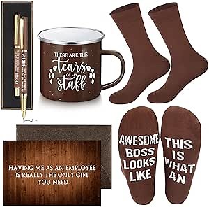 ReliThick 6 Pcs Fun Boss Gift for Men Included 12 oz Tears of My Staff Enamel Mug Socks Ballpoint Pen with Pen Box Card Envelope Funny Birthday Retirement Gift for Bosses Leader Manager(Brown)