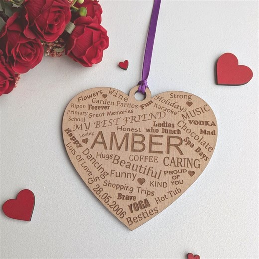 Personalised Best Friend Word Art, Wooden Engraved Hanging Heart Plaque and Ribbon Loop, Wording on Both Sides, Bestie Birthday - Etsy