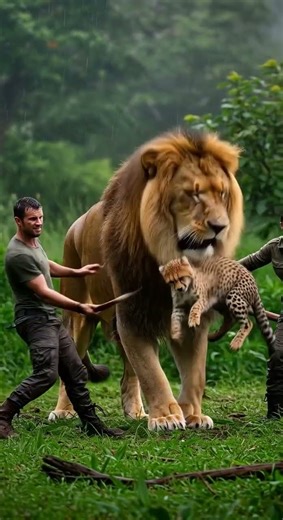 Cheetah Cub, and Humans: A Tense Momen,사자와 치타 새끼, 그리고 인간의 긴장된 순간,ai