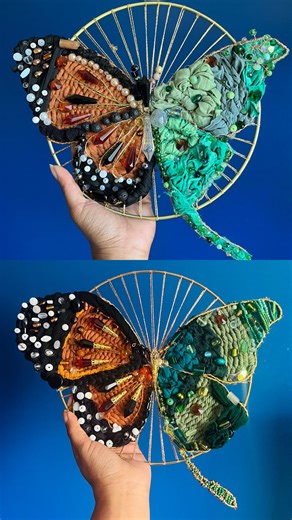 Artwork so nice, I had to make it twice. Very soon after my first monarch/luna moth piece I got a request to make another and who am I to say no? I’m so proud of both of these pieces. From constructing each frame to attaching each bead. AI could neverrrr! 😌 #fiberart #lunamoth #monarchbutterfly #artist #blackartist | Double Rainbow Design