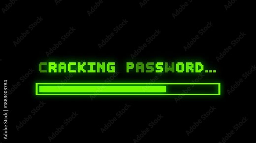 Retro Hacking Interface Screen with 8 Bit Pixel “Password Cracking” Text and Neon Green Progress Bar on Black Background
