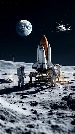Astronauts Walking Around a Space Shuttle on the Moon – Stunning Footage