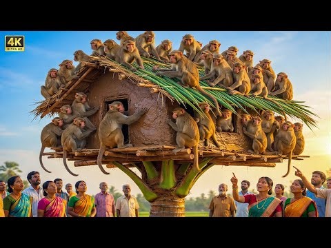 Indian Monkeys Build a Traditional Mud Hut on a Palm Tree | Primitive Survival