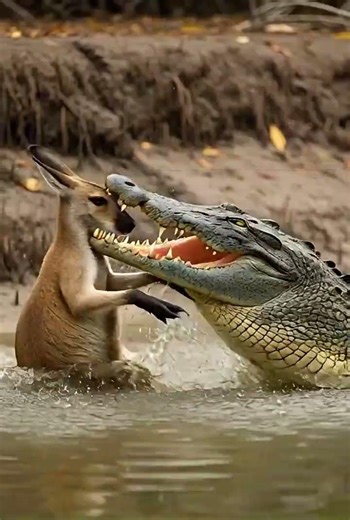Wallaby Slips on Mud Bank into Crocodile Jaws