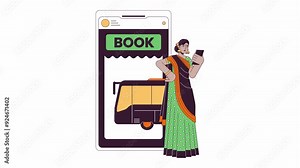 Woman booking bus ticket on mobile phone line 2D animation. Public transport e-ticket 4K video motion graphic. Travel application smartphone linear animated cartoon flat concept, white background