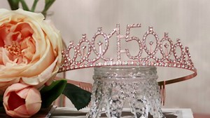 Trgowaul 15th Birthday Decorations - Rose Gold Arch, Banner, Tablecloth, Tiara, 60 Pink Gold Balloons and Cake Top