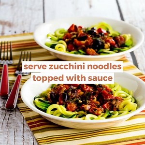 👉Recipe: https://kalynskitchen.com/mediterranean-zucchini-noodles/ This recipe combines tomatoes, onion, galic, herbs, olives, and capers for a seriously delicious meatless meal. Add these Mediterranean Zucchini Noodles to your Summer "must try" list! #zucchininoodles | Kalyn's Kitchen