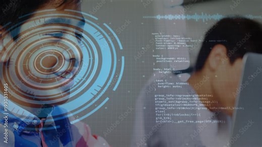 Foreground teen typing on laptop, initiating HUD circle and scrolling code overlays for code lesson