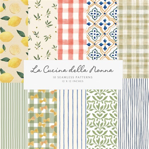 Italian Kitchen Seamless Patterns Whimsical Mediterranean Backgrounds Digital Papers Commercial Use - Etsy