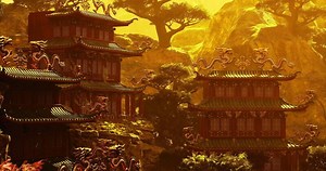 CGI Elegant ancient architecture surrounded by lush nature in China