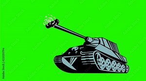 2d Animation motion graphics showing a German world war two panzer battle tank firing upwards from low angle on white screen and green screen in retro style in HD high definition.