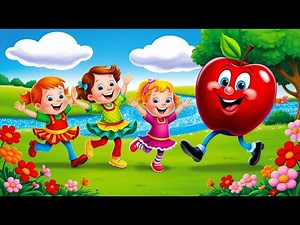 Kids Dancing with Big Red Apple | Fun Cartoon Animation in Green Meadow | Children Learning Video