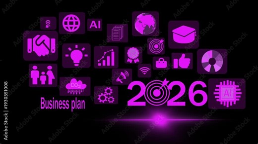 Business plan 2026 icon collage animated, Business plan 2026 concept with icons target