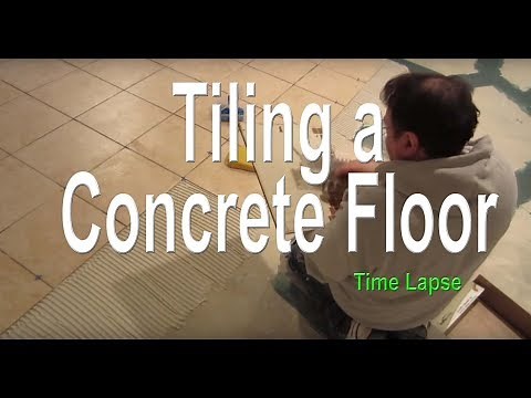 Tile installation of a concrete basement floor, time lapse