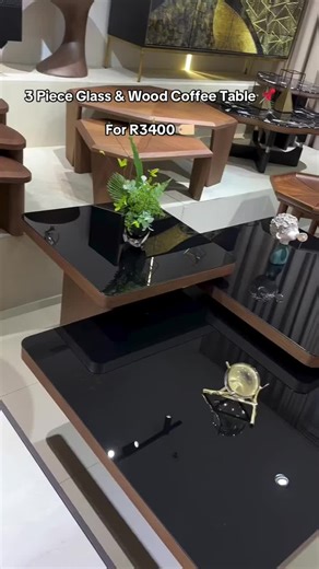 Stylish 3 Piece Glass & Wood Coffee Table for Sale